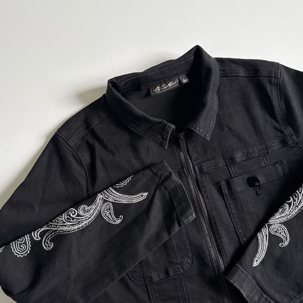 DG2 By Diane Gilman Black Denim Jacket L Embroidered Paisley Sleeve Full Zip